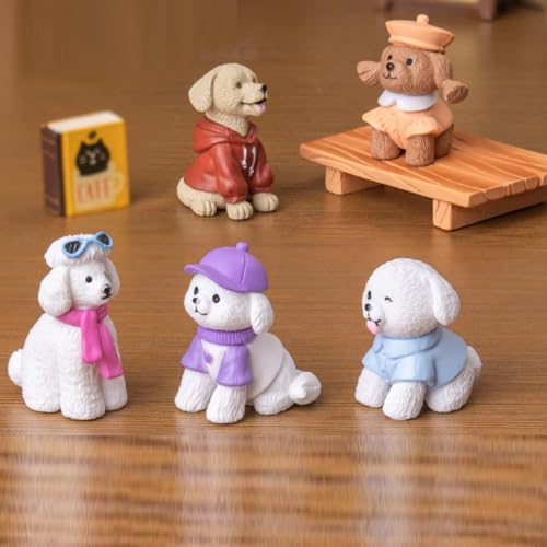 KARLOR Mini Hunde Figuren Set, 6 Stück Welpen Figur, modische Welpen in süßer Kleidung,Teddy Golden Retriever Bichon Malteser Haustiere Figur Tier-Ornamente Sammlungsstück Geschenk Desktop Deko