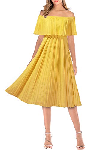 Mmondschein Women s Vintage Off Shoulder Evening Casual Party Chiffon Maxi Dress Yellow S
