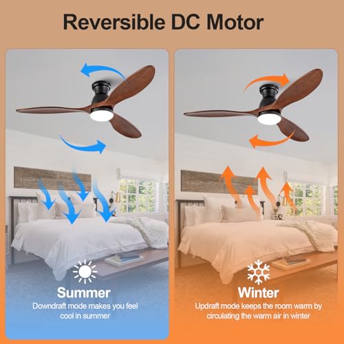 Image of Dimmable 52 Inch Flush Mount Ceiling Fans with Lights and Remote, 3 Blade Wood Bedroom Ceiling Fan with Lights Low Profile Ceiling Fan with Light Black Outdoor Ceiling Fans for Patios Living Room