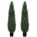 Artificial Cedar Topiary Trees, 5FT UV Resistant Topiary Trees Artificial Outdoors, Realistic Pre-Potted Faux Cypress Plants for Outdoor Porch, Home Entryway, and Garden Decor, Set of 2
