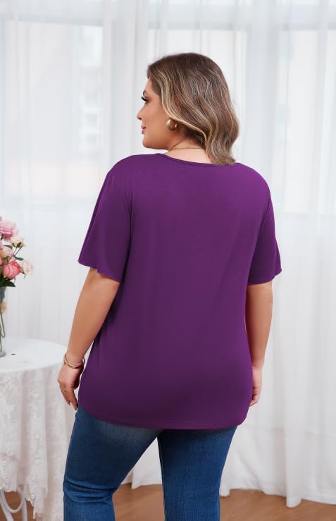 Women's Plus Size Short Sleeve Tops Curved V Neck Casual Loose Fit Shirts Summer Blouses 2025 Trendy Clothes - Image 2