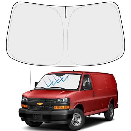 Image of Proadsy Windshield Sun Shade Custom Fit 1996-2025 2026 Chevrolet Express Cargo Van, 1500, 3500, 4500 4-Layer Foldable Front Sunshade Protector Sun Visor Blocker Keep Car Cooler Accessories
