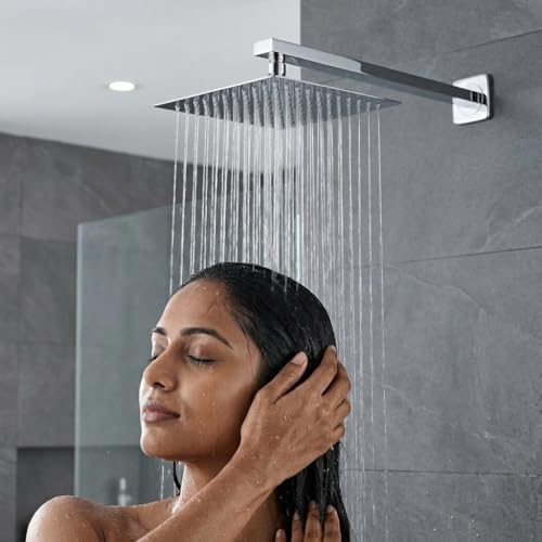 Image of ALTURAS Stainless Steel Square Overhead Shower Rain Shower Head for Bathroom With Arm (6in shower with 15 arm)