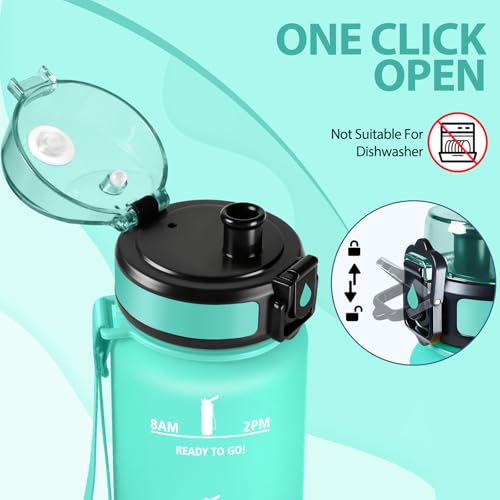 Mulbijeo Trinkflasche 1L, Auslaufsicher mit Zeitmarkierung, Wasserflasche mit Filter, Trinkflasche Kohlensäure Geeignet, Wiederverwendung, Wasserflasche für Fahrrad, Camping, Yoga, Fitness