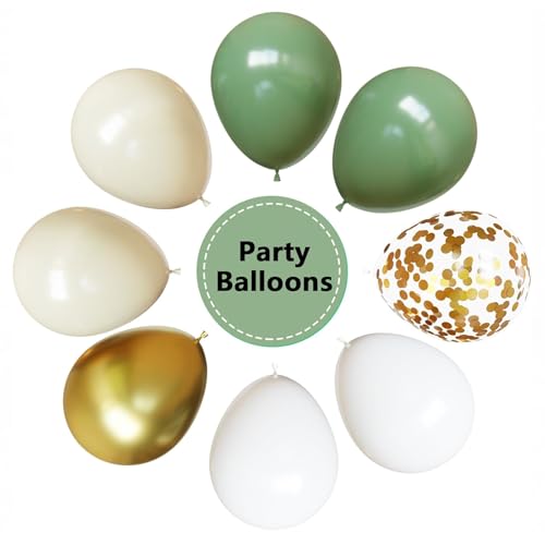 Image of Sage Green Balloons, 67pcs 12 Inch Sage Green White and Gold Confetti Party Balloons for Baby Shower, Birthday, Graduation, Eucalyptus Party Decorations