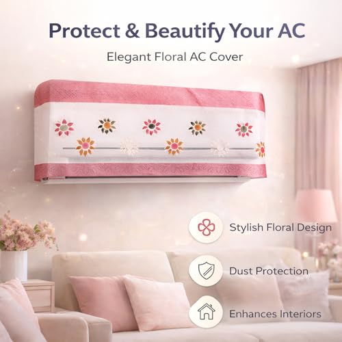 Image of Cotton Net Split AC Cover Indoor Unit for 1.5 Ton Capacity AC, Premium Work Indoor AC Dust Protection Cover Designer Summer Ac Cover for 1.5 Ton Ac (38 X 15.35 X 7.8 inch, Pink Flower)
