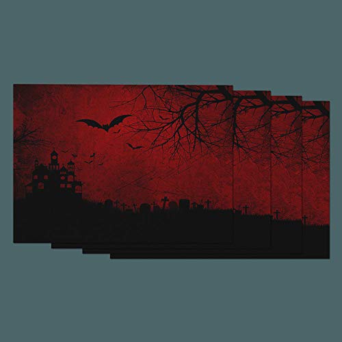 Moslion Halloween Place Mats Set of 4 Skull Spooky Bats Spider Ghost Cross Cemetery Grave Stone Castle Tree Cotton Linen Placemats 12x18 Inch for Dinner Kitchen Table Dining Room