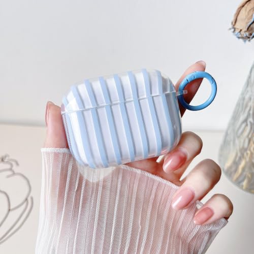 Image of MINSCOSE for AirPods Pro 2nd /1st Generation Case,Cute Striped Aesthetic Pattern Design with Trendy Keychain Ring,Soft TPU Protective Shockproof Cover with Cleaner Kit for Airpods Pro /Pro 2-Clear Blue