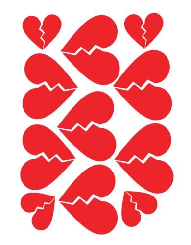 Broken Hearts Decal Sheet Jdm 9 Total | Red | Made In Usa By Stick This! | Sticker For Car Or Truck Windows, Laptop, Water Bottle, Tablets Etc. | 5X 2.5" X 2.25" And 4X 1.5" X 1.25" | #TOP21