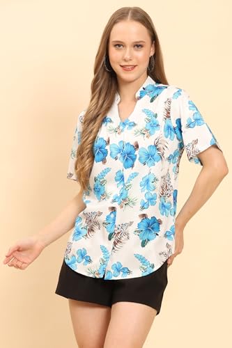Image of Womens Casual Shirt Soft Beach Shirts Floral Tropic Print V Neck T-Shirt Short Sleeve Button Up Tops (WMS1 White Turquoise M)