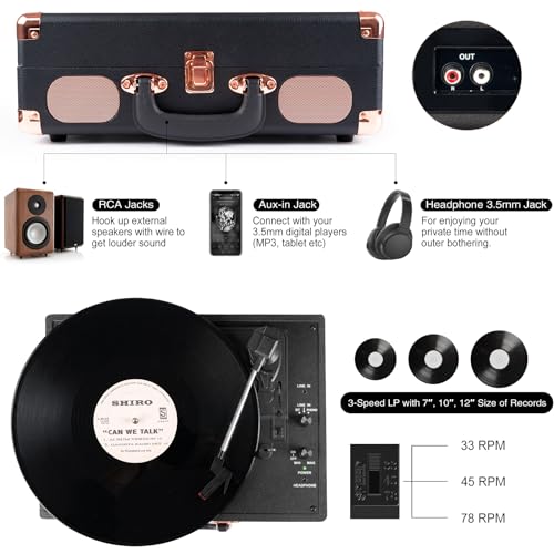 Image of Record Player Wireless Portable Suitcase Vinyl Player with Built-in Speakers Retro Style Record Player for Vinyl Records 3-Speed RCA Line Out AUX in Vintage Turntable Upgrade Black