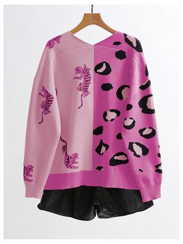Image of WDIRARA Women's Leopard Tiger Print Cardigan V Neck Long Sleeve Color Block Button Down Sweater Outwear