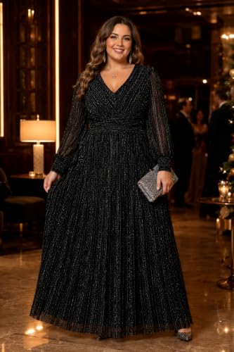 Image of Pinup Fashion Plus Size Formal Evening Glitter Prom Wedding Guest Dress | Silver thread straight knit, v-neck, empire waist, back zipper, a-line, maxi long, perfect for evening party, wedding guest