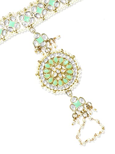 Image of Karatcart Gold Plated Baby Pink Pearl Chain Kundan Hathphool