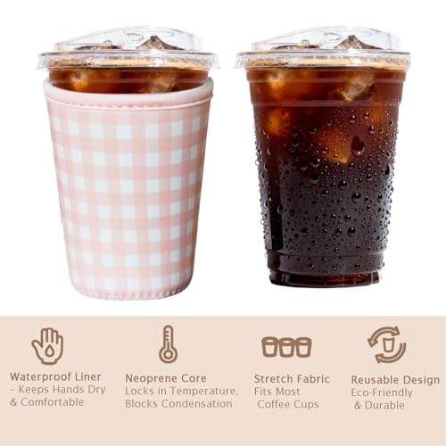 Image of Reusable Insulated Sleeve for Iced Coffee Cup, 3-Pack Coffee Neoprene Drink Sleeve for Cold & Hot Drinks, Beverage Holder for Iced Coffee (Pink Gingham)
