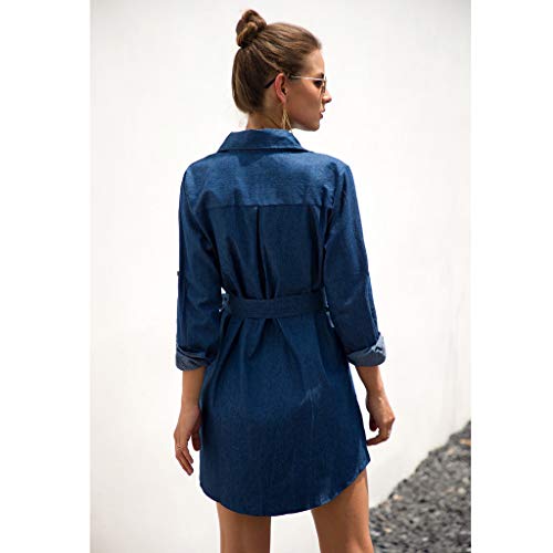 BXzhiri_Women Blue Jeans Denim T-Shirt V-Neck Long Sleeve Casual Loose Shirt Mini Dress