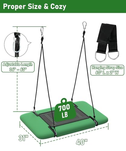 Image of 40 inch Retangular Tree Swing for Kids & Adults, Adjustable Platform Swing with Hanging Straps, 700lbs Capacity, Waterproof Giant Swings for Backyard Outdoor & Indoor Use, Green & Black