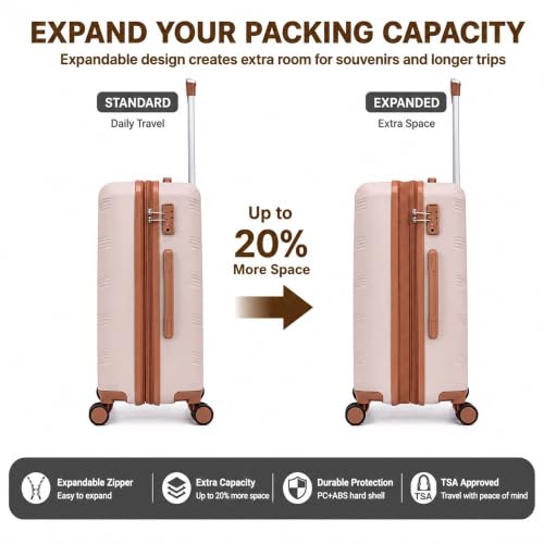 Image of CONCEPTEN Expandable Hardshell Luggage Set 5 Piece, 22x14x9 Airline Approved Carry On, 20 /24 /28 inch Suitcase Set with TSA Lock, Spinner Wheels, ABS+PC (Beige) | Suitcase Set with Spinner Wheels TSA-approved Lock ABS Travel 20 /24 /28 Inch