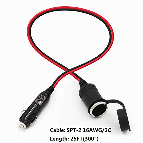 SPARKING 25FT Cigarette Lighter Extension Cord 25FT - Male Plug to Female Socket 16AWG Heavy Duty Extension Cable with LED Lights Power for Tire Pump, Air Compressor (25FT)