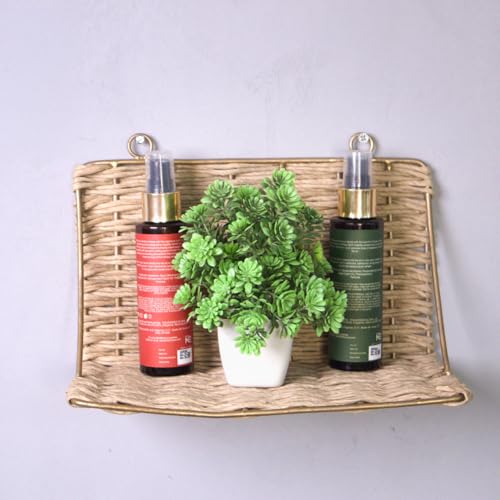Image of PrettyKrafts Rattan, Wood & Metal Wall Shelf Storage Organiser | Decorative Wall Mounted Basket for Home & Office | Storage Basket for Clothes | Display for Plants, Frames, & Showpieces (25x13x8 cm)