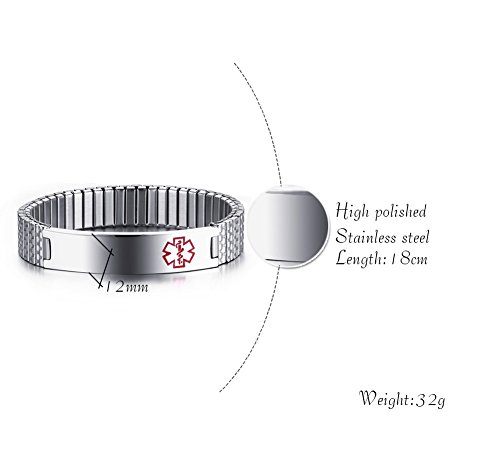 Personalized Free Engraving-Unisex Stainless Steel Medical Alert ID Stretch Bracelet for Men and Women,7" - Thumbnail 2