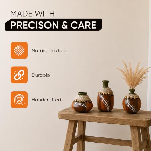 Image of Aakriti Art Creations Coco-F Jute Embellished Earthen Vases in Warli Art Set of 3 | Handcrafted Terracotta Flower Vases in Brown | Matte Finish Decorative Vases for Living Room, Table & Floor Decor