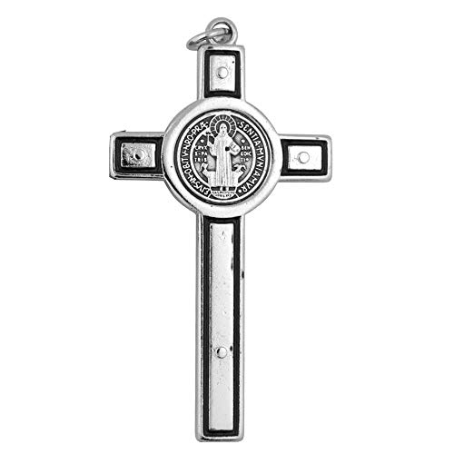VILLAGE GIFT IMPORTERS 3" Saint Benedict Pectoral Cross Pendant | Silver or Gold with Black Lining | Comes with Informational Card | Christian Jewelry3