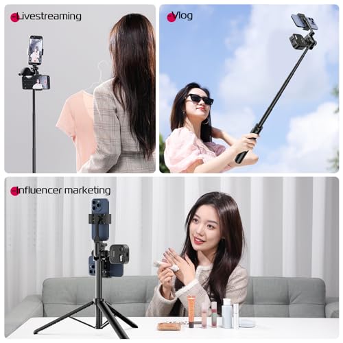 ULANZI MT-70 Extendable Tripod, 63" Selfie Stick Vlog Tripod Stand with 2 Phone Clips as Teleprompter, 360° Rotate Camera Holder for iPhone, Sony, Canon, DJI Osmo Nano, Lightweight for Travel, Black