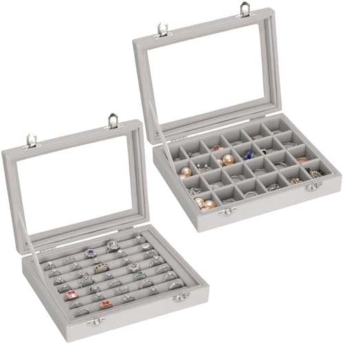 KUKUVR 2 PIECES Jewelry Ring Earring Organizer Display Tray, Velvet Small Jewelry Ring Stud Earring Necklace Bracelet Pendant Holder Case Box with Transparent lid (Grey)