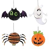 GUBOOM Halloween Papier Laternen Dekoration, 4Pcs Papierlaterne Halloween, Faltbar Lampenschirm Papier Lampions Lampe Wabenbälle mit Fledermäuse Spinnen Geister Kürbisse Laterne für Halloween Party