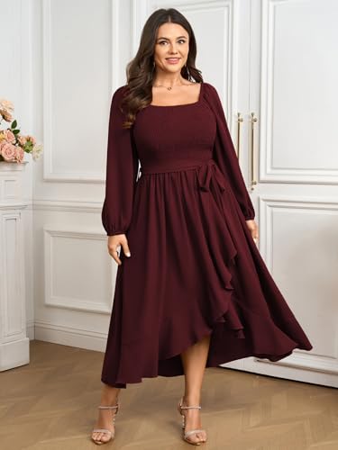 SCOMCHIC Women Plus Size Maxi Dress Fall Long Sleeve Wedding Guest Smocked High Low Ruffle Cocktail Dress with Belted3