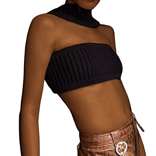 Y2k Sleeveless Ribbed Knit Crop Tops Backless Halter Turtleneck