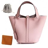 Genuine Leather Lock Design Bucket Bag Vegetable Basket, Fashionable and Versatile Satchel Handbag (Pink)