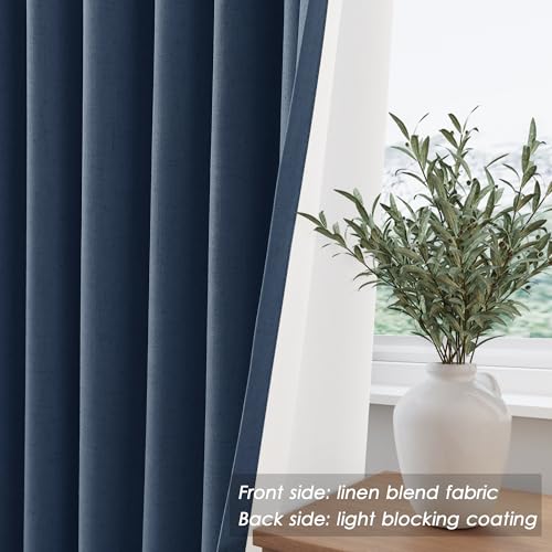 Image of Denim Blue 100% Blackout Linen Curtains for Bedroom 102 Inches Long Back Tab Thermal Insulated Modern Farmhouse Decor Black Out Curtain for Living Room Dining Room Rod Pocket Drapes 52x102, 2 Panels