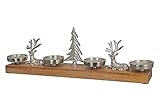 GILDE 4 flammiger Kerzenhalter XL - großer Adventsleuchter länglich für Maxi Teelichter - Aluminium Holz - Weihnachts Motive Hirsch und Tannenbaum - Länge 47 cm