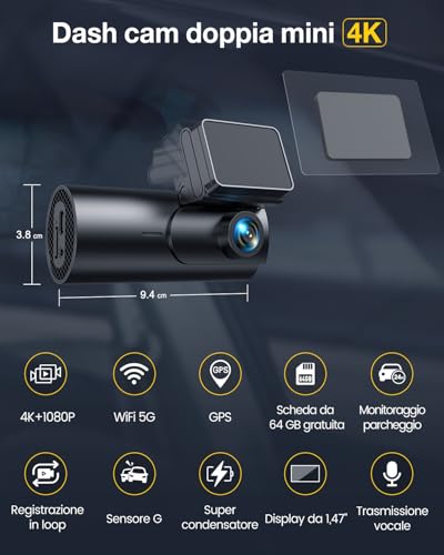 GKU 4K Dash Cam Auto, 5GHz WiFi e GPS, Doppia Telecamera Auto, Mini Dashcam 4 GKU 4K Dash Cam Auto, 5GHz WiFi e GPS, Doppia Telecamera Auto, Mini Dashcam - immagine 4