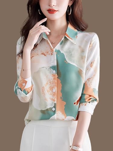 Printed Silk Blouse for Women,Spring Long Sleeve Shirt Top2