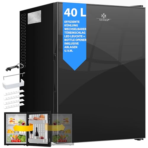 KESSER® Mini Frigorífico con Puerta de Cristal, Minibar 40 litros, 22dB, Cambio del Sentido de Apertura de la Puerta, 6°-12°C Altura 57cm, Iluminación [Clase de eficiencia energética F] - Negro