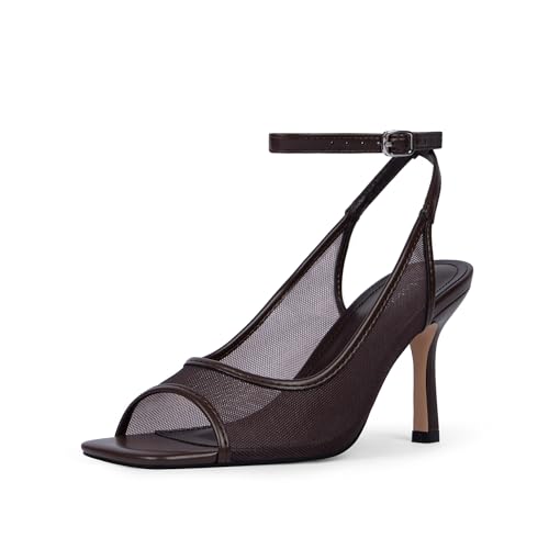 Modatope Womens Heels Square Open Toe High Heels Ankle Strap Heeled Sandals for Women Party Wedding 7.5 Chocolate Mesh