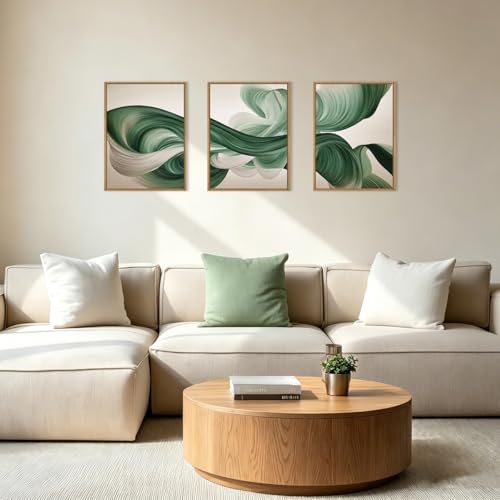 Image of KAIRNE Green Abstract Framed Canvas Wall Art Set,Minimalist Green Lines Wall Decor,Modern Flowing Texture Art Prints,Neutral Smokes Waves Artwork for Living Room,Bedroom,Farmhouse,Office-12 x16 x3