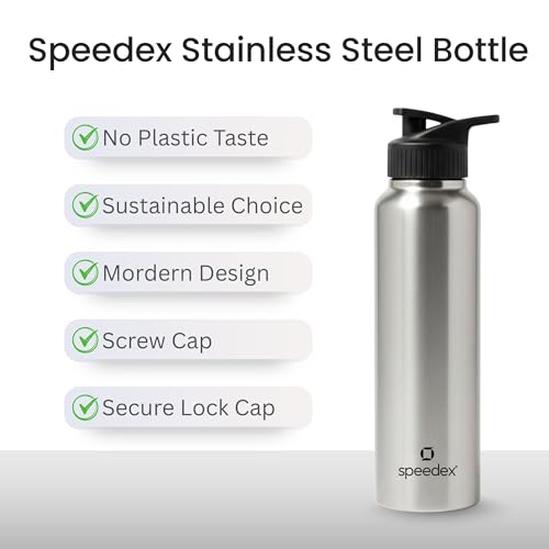 Image of Speedex Stainless Steel Metal Water Bottle 1 Ltr 1000 ml, BIS Approved, Leak Proof Sipper Cap Bottle for Office, School, Gym, Travel, Daily Use for Men, Women, Kids, Adults, Silver, Set of 1