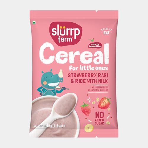 Image of Slurrp Farm No Added Sugar Instant Cereal | Ragi, Rice and Strawberry with Milk | Free Strawberry Cereal Trial Pack | 200g + Free 50g