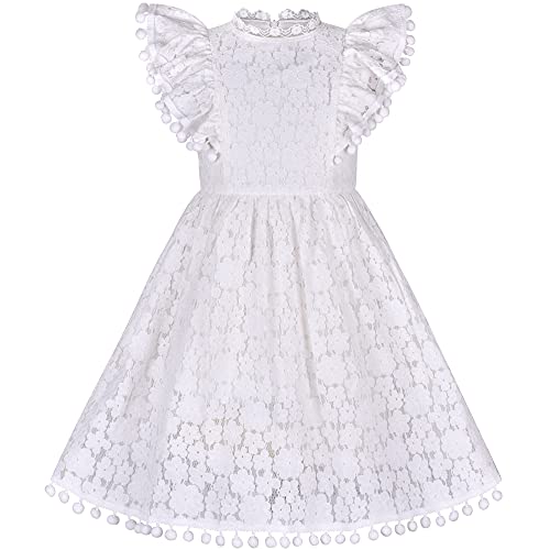 Sunny Fashion Girls Dress Off White Lace Stand-up Collar Ruffle Flare Sleeve