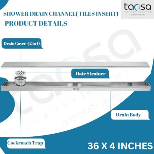 Image of Tapsa Tile Insert Floor Drain | 304 Stainless Steel | Invisible Shower Drain Channel | Shower Drain Channel | Water Drain Channel | with Cockroach Trap. (36X4, SS Matte Tile Insert Floor Drain 20 mm)