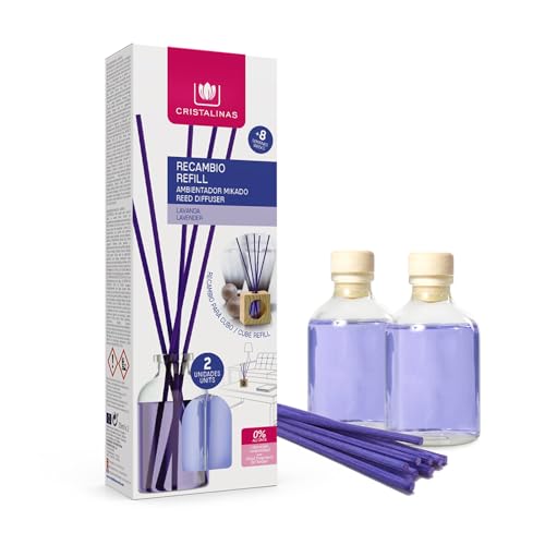 CRISTALINAS. Recambio x2 para Ambientador Mikado de Cubo de Madera. 0% Alcohol. Mas de 8 semanas de duración. 2x30ml. Aroma Lavanda. (2x30ml)