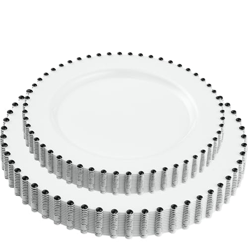 PLASTICPRO 32 Piece Combo Plastic Dinner Plates Disposable Plastic Fancy Heavy Duty Party Dishes 7 inch and 10 inch White and Black Beaded