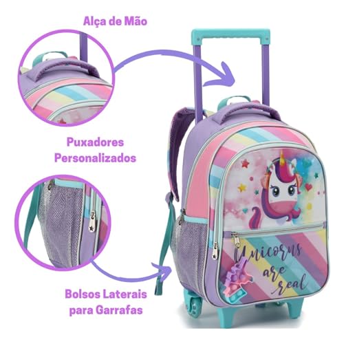 Kit Mochila Escolar Com Rodinhas Unicórnio Lancheira Estojo