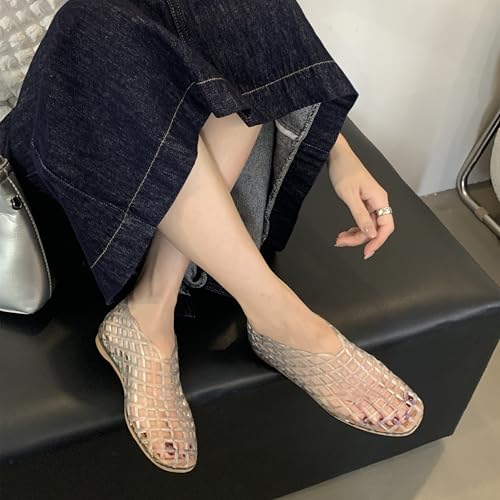 Image of Jelly Mesh Ballet Flats for Women Clear Hollow Jelly Shoes Sandals Round Toe Non-Slip Beach Ballerina Jellies Flats Shoes