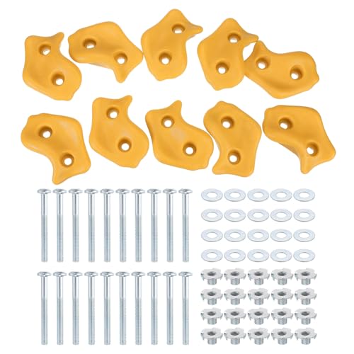 PATIKIL Rock Climbing Holds, 10 Pcs Large Climbing Rock Wall Grips Play Set Climber Attachments with Double Hole for Playground Accessory Indoor Outdoor Tree Training, Yellow C-Large