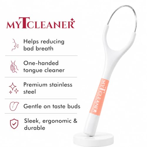 Image of MyTCleaner | Tongue Cleaner for Adults | Stainless Steel Tongue Scraper | Helps Freshen Breath & Supports Oral Hygiene | Rust-Free | Dentist-Designed | Pack of 2 (Blue & Peach)